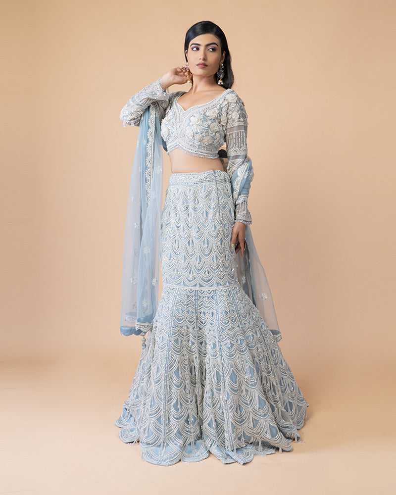 Graceful Fish Cut Blue Lehenga with Intricate Zari Handwork and Flowy Net Dupatta