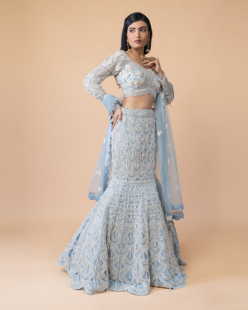 Graceful Fish Cut Blue Lehenga with Intricate Zari Handwork and Flowy Net Dupatta