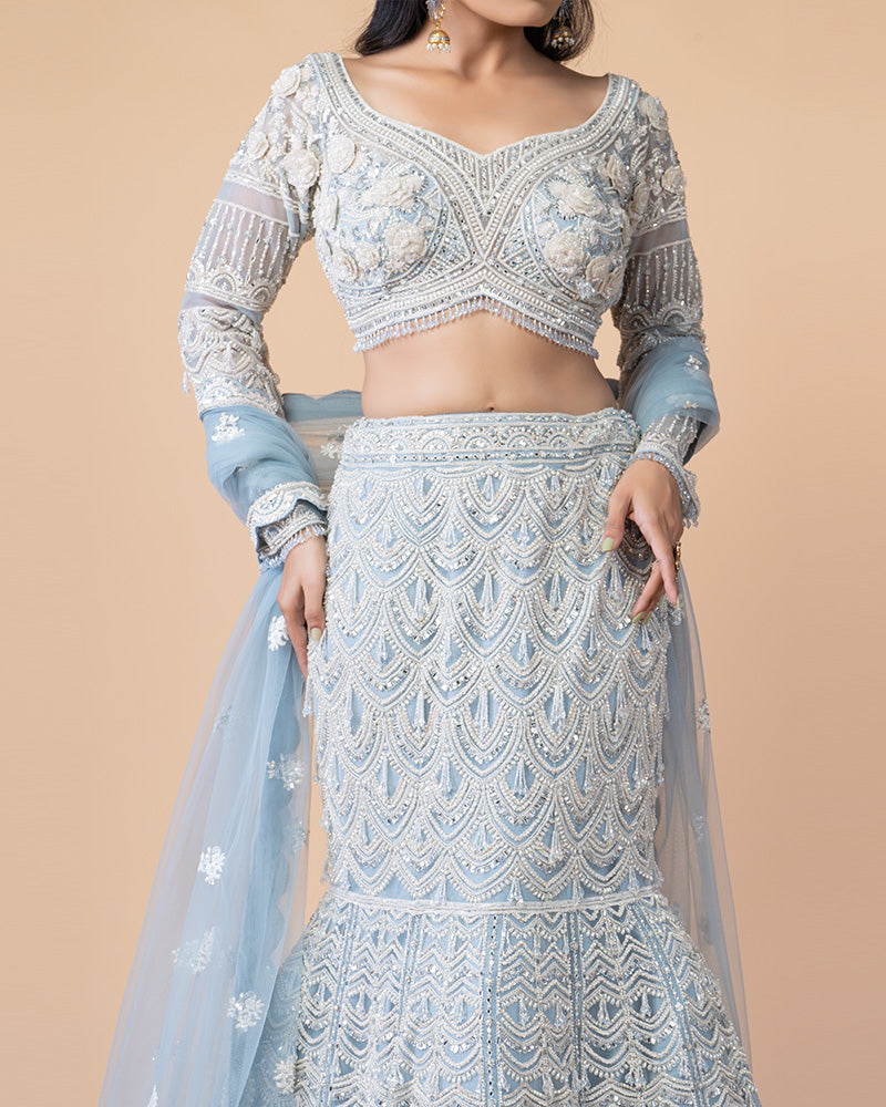 Graceful Fish Cut Blue Lehenga with Intricate Zari Handwork and Flowy Net Dupatta