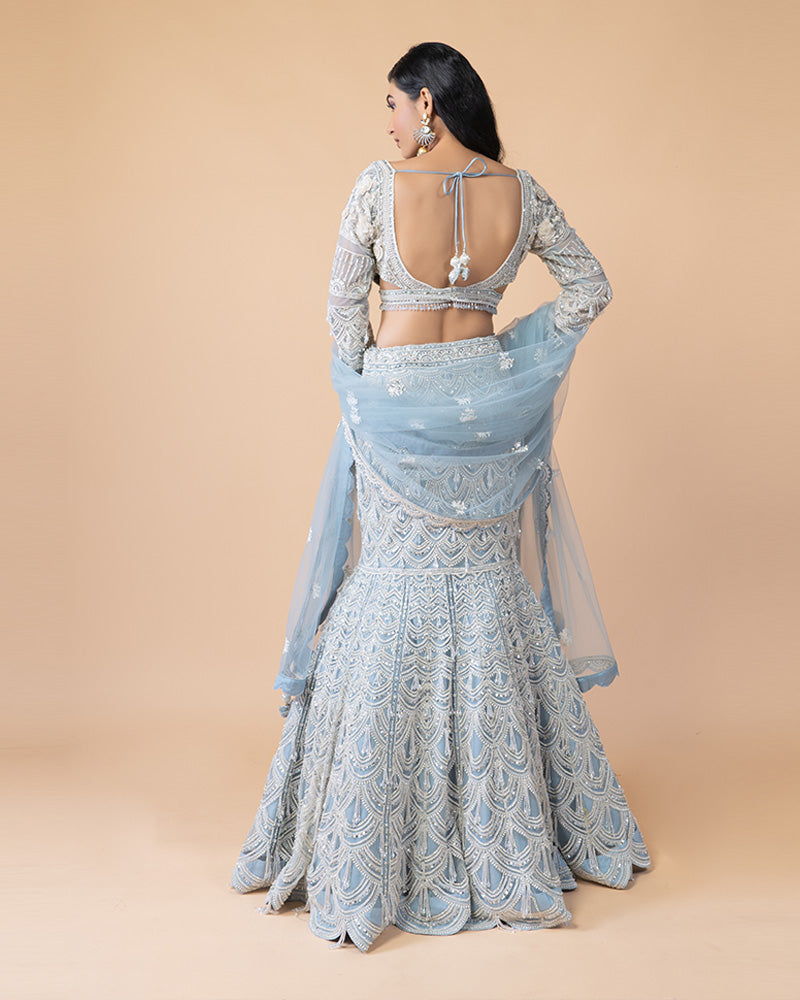 Graceful Fish Cut Blue Lehenga with Intricate Zari Handwork and Flowy Net Dupatta