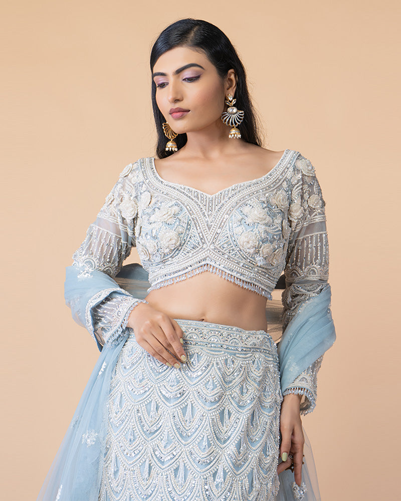 Graceful Fish Cut Blue Lehenga with Intricate Zari Handwork and Flowy Net Dupatta