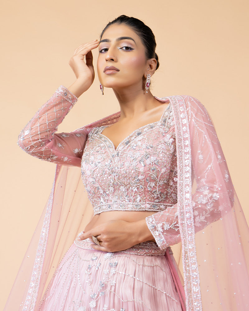 Graceful Light Pink Floral Embroidered Lehenga Set for Weddings and Festive Celebrations