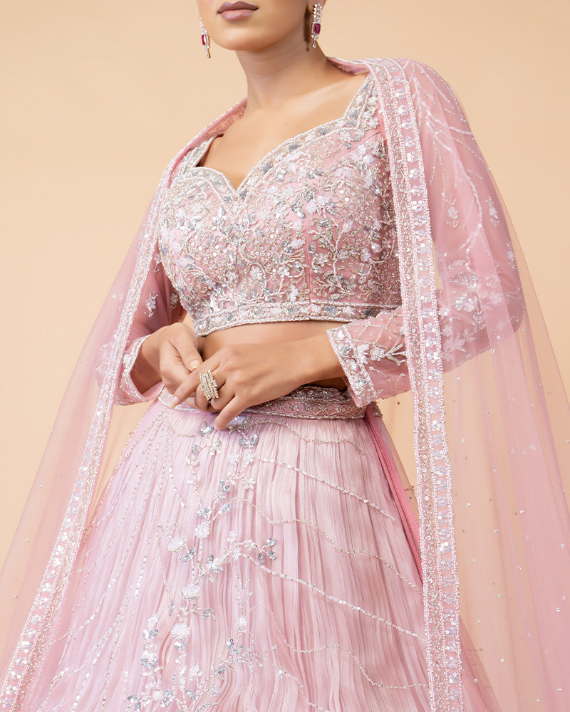 Graceful Light Pink Floral Embroidered Lehenga Set for Weddings and Festive Celebrations