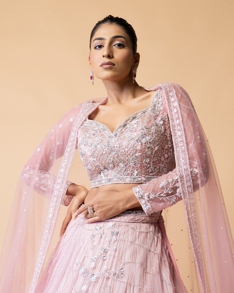 Graceful Light Pink Floral Embroidered Lehenga Set for Weddings and Festive Celebrations