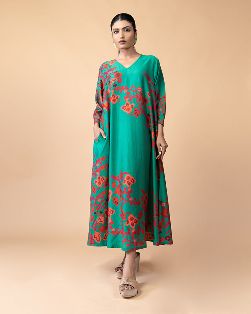 Green Floral Print Long Kurti Dress