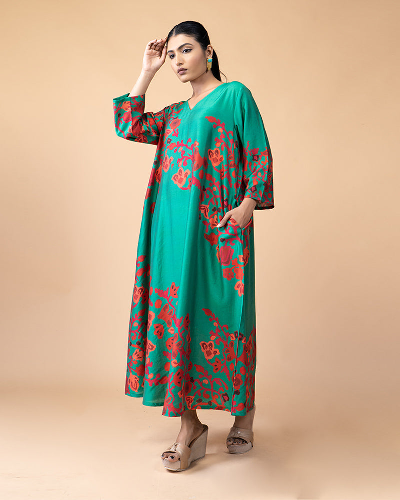 Green Floral Print Long Kurti Dress