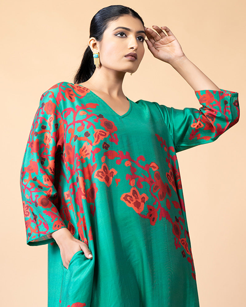 Green Floral Print Long Kurti Dress