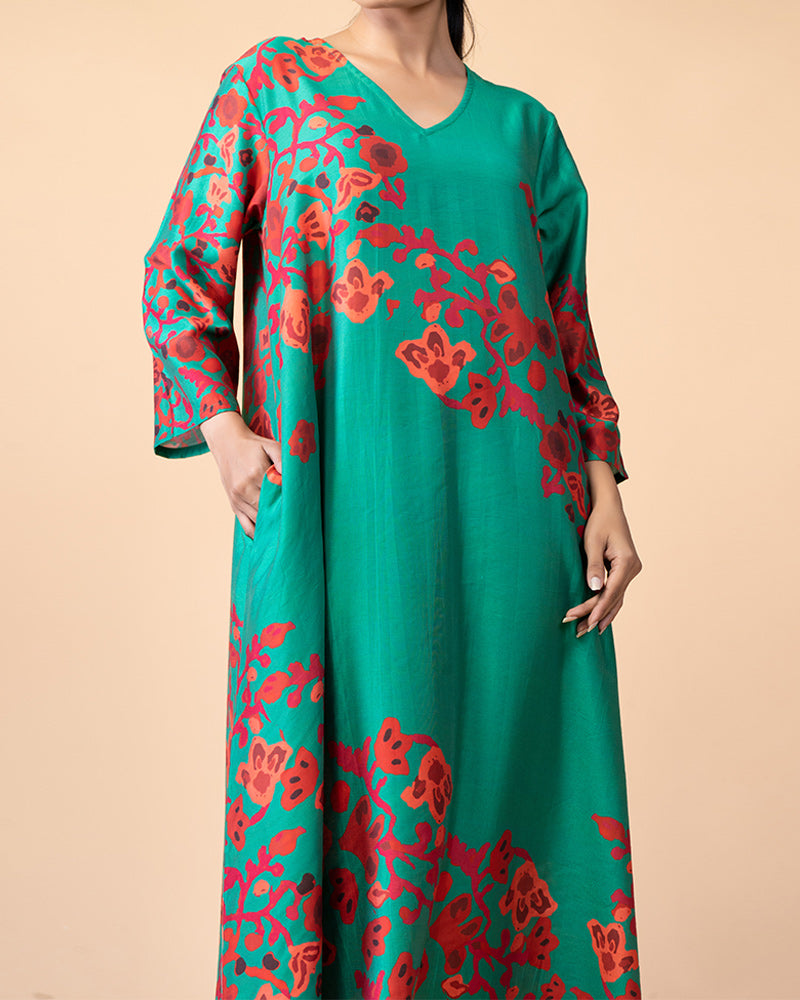 Green Floral Print Long Kurti Dress