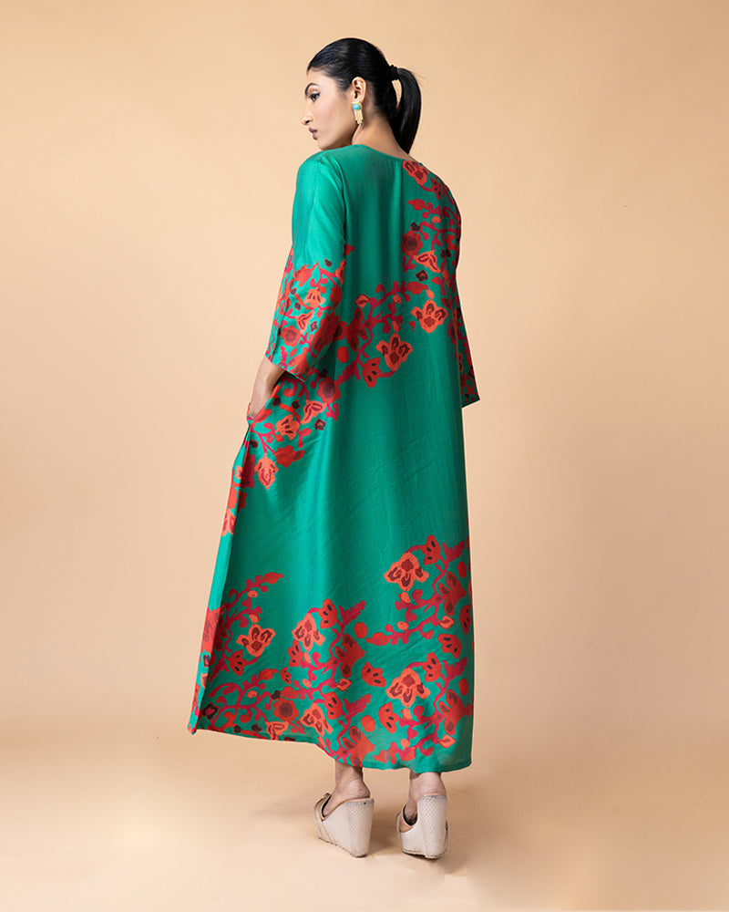 Green Floral Print Long Kurti Dress