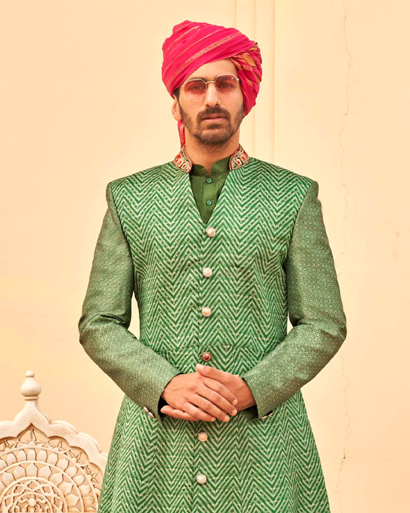 Green Printed Kurta Skirt and Men Indowestern Kurta Set