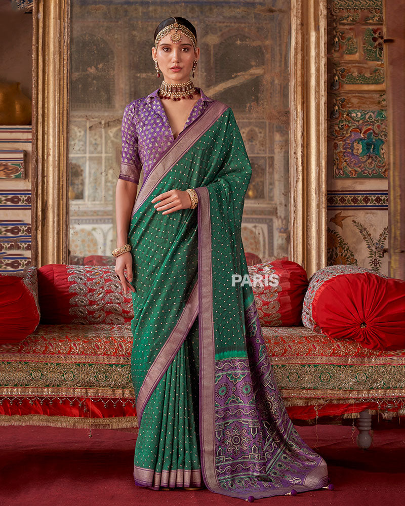 Green Printed Silk Saree with Unstitched Blouse 01