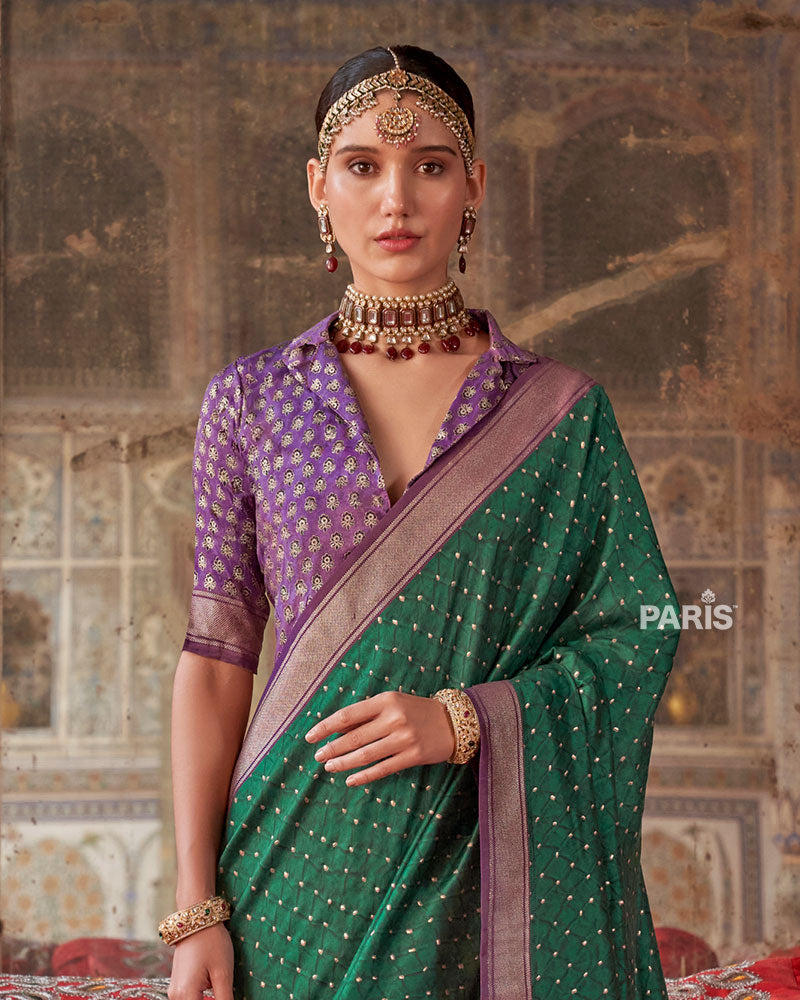 Green Printed Silk Saree with Unstitched Blouse 02