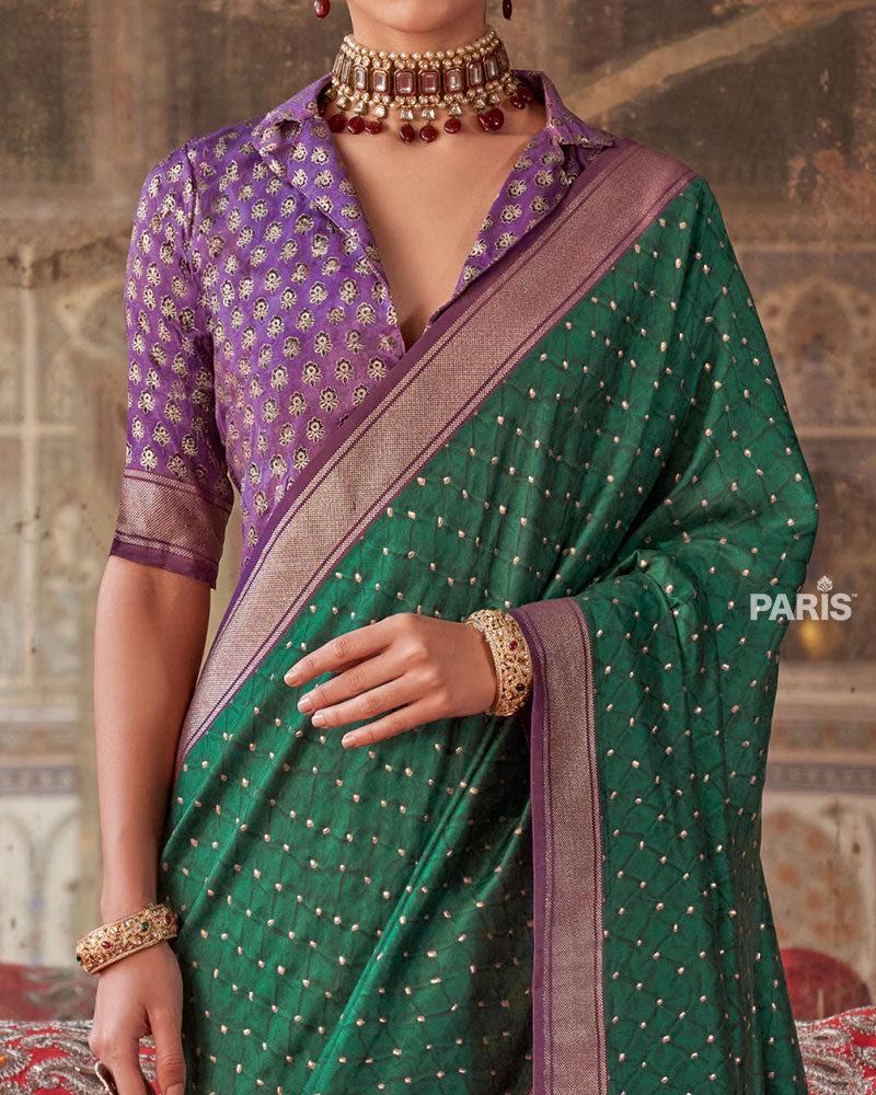 Green Printed Silk Saree with Unstitched Blouse 03