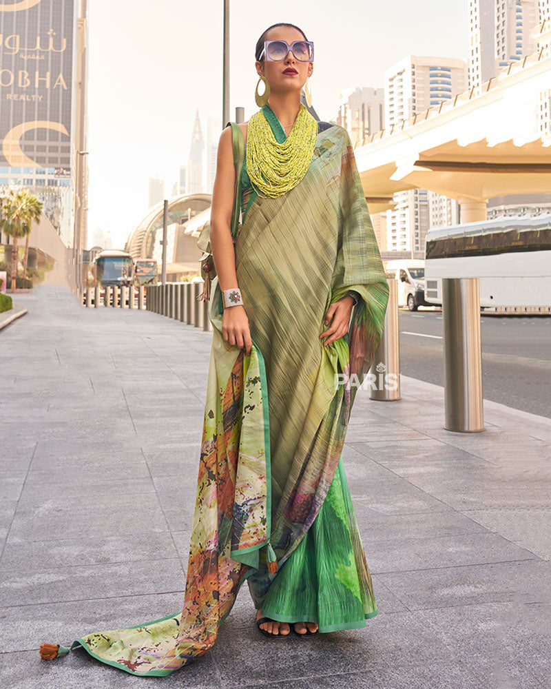 Green and Multicolor Digital Print Satin Saree with Unstitched Blouse 01