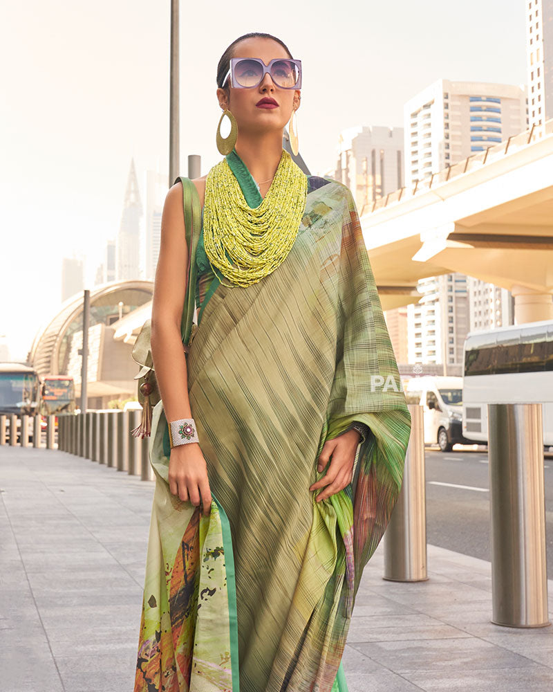 Green and Multicolor Digital Print Satin Saree with Unstitched Blouse 02