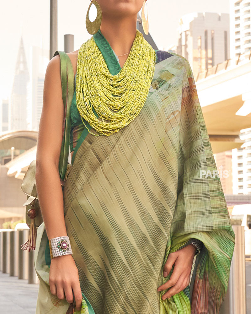 Green and Multicolor Digital Print Satin Saree with Unstitched Blouse 03