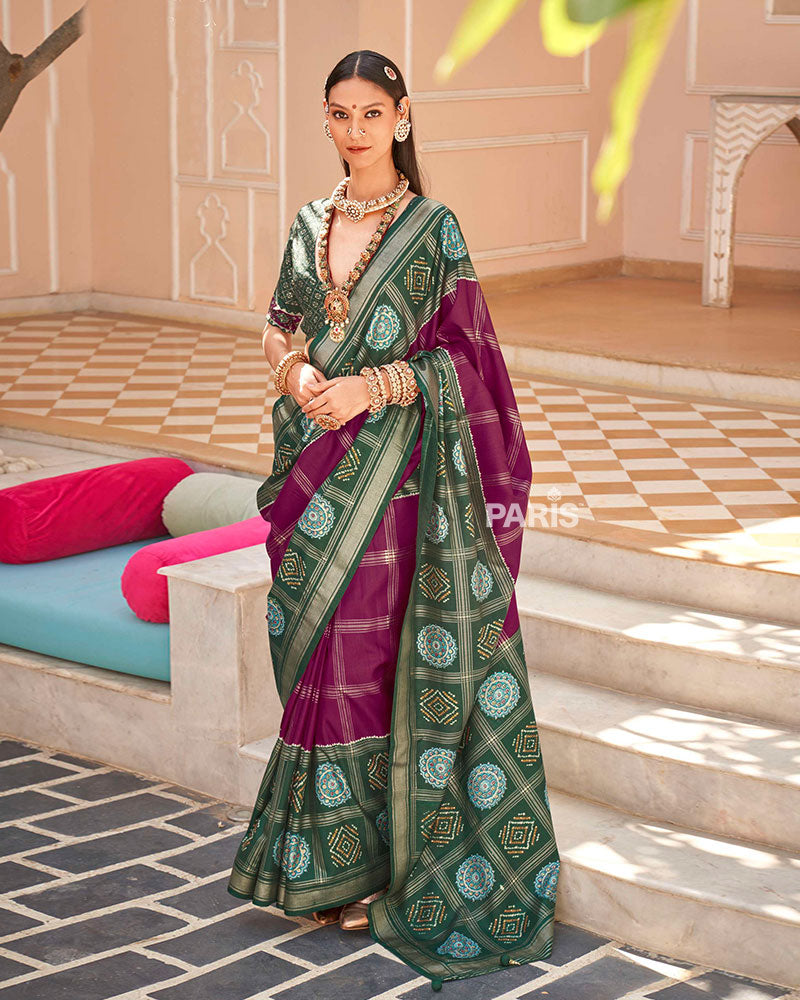 Green and Purple Printed Patola Silk Saree with Unstitched Blouse 01