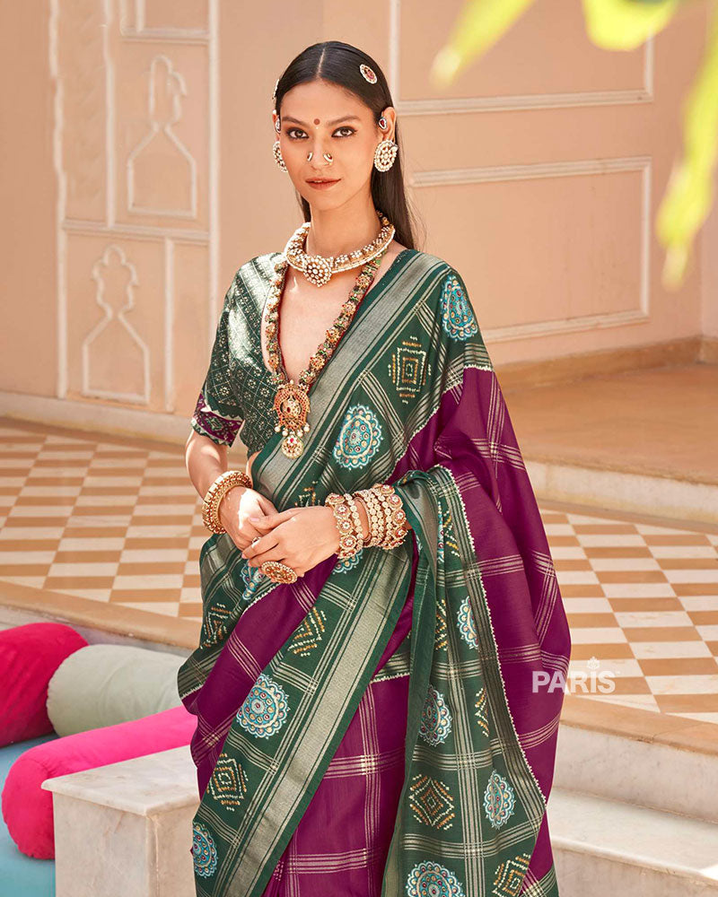 Green and Purple Printed Patola Silk Saree with Unstitched Blouse 02