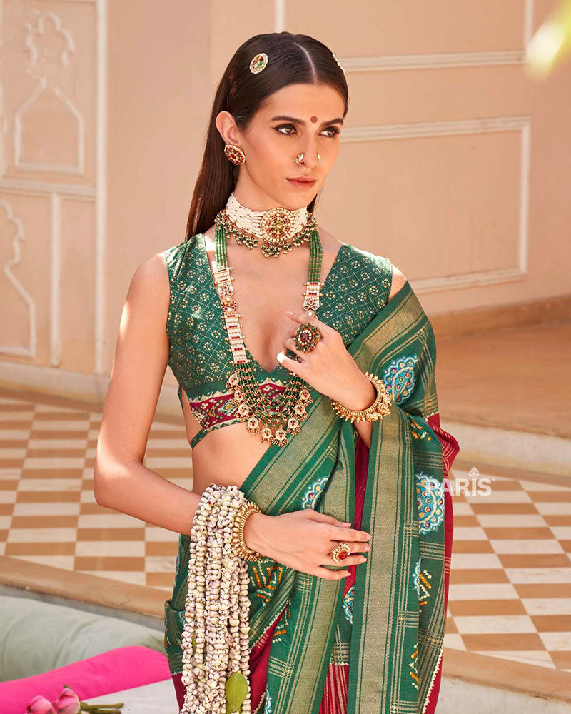 Green and Red Printed Patola Silk Saree with Unstitched Blouse  02