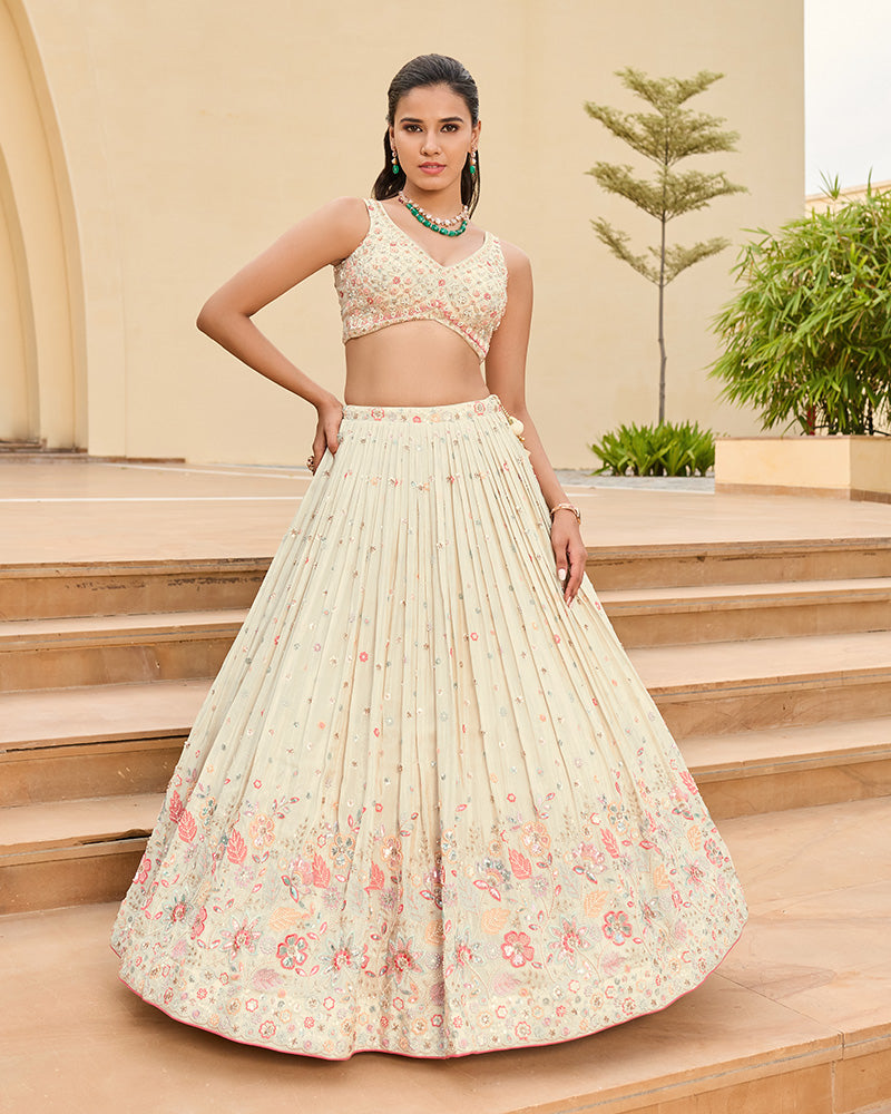 Cream Lehenga Choli Hand Embroidered with Contrast Pink Dupatta