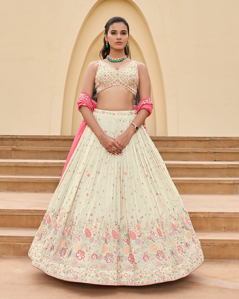 Cream Lehenga Choli Hand Embroidered with Contrast Pink Dupatta