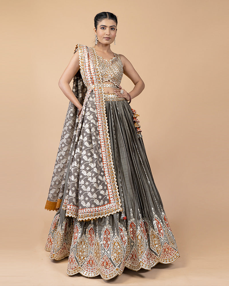 Grey Lehenga with Contrast Orange Hand Embellished Choli and Silk Dupatta