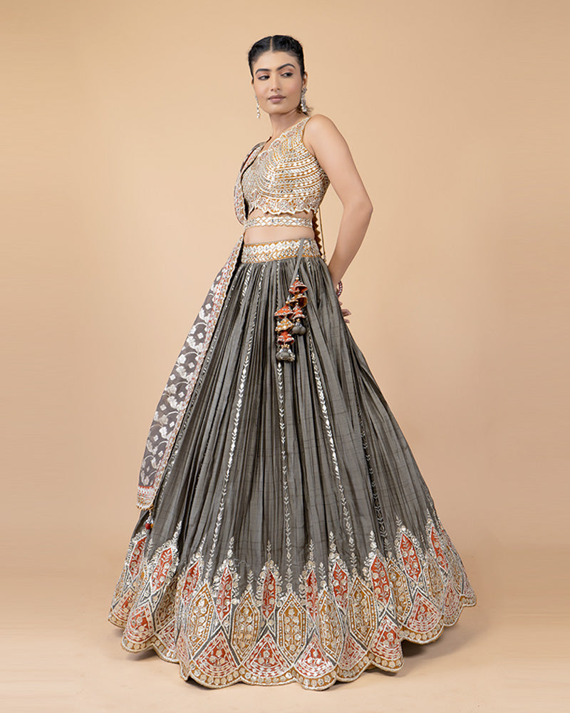 Grey Lehenga with Contrast Orange Hand Embellished Choli and Silk Dupatta