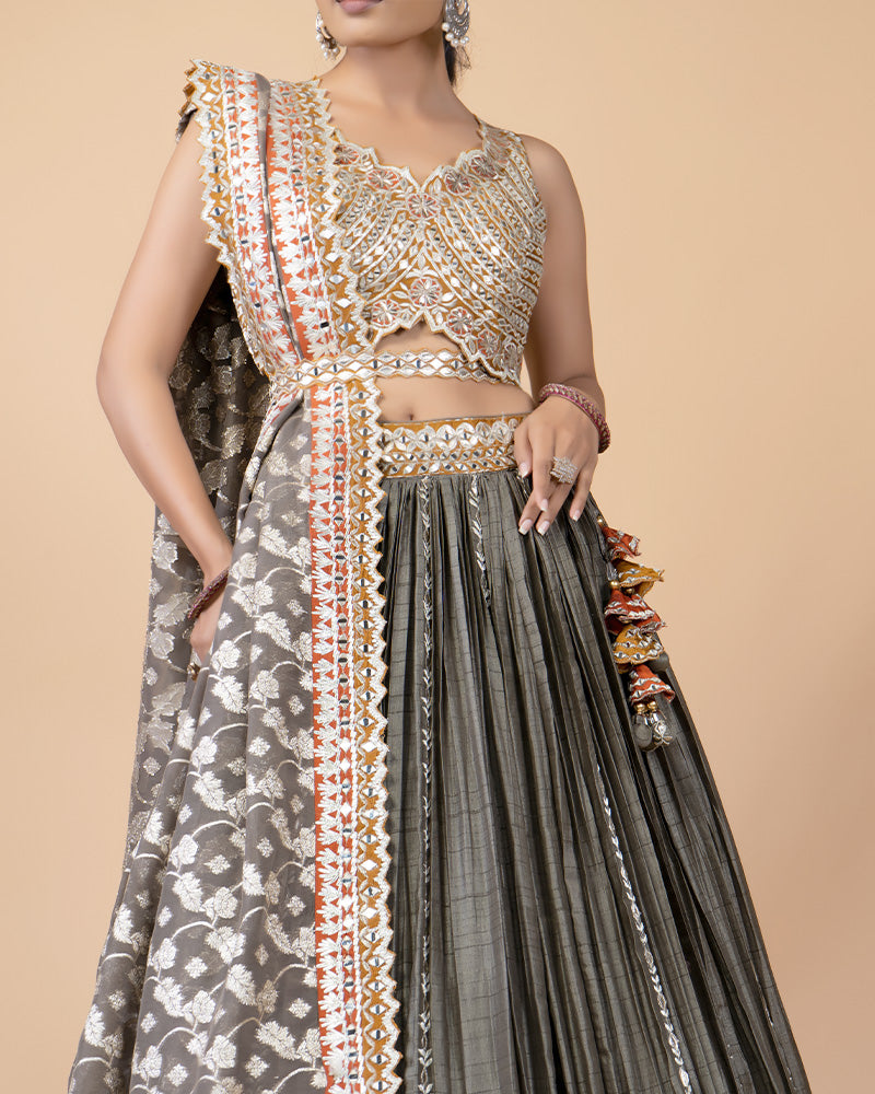 Grey Lehenga with Contrast Orange Hand Embellished Choli and Silk Dupatta