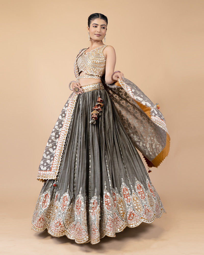 Grey Lehenga with Contrast Orange Hand Embellished Choli and Silk Dupatta