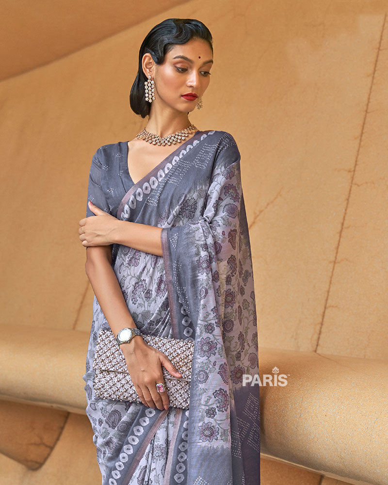 Grey Floral Printed Cotton Saree with Unstitched Blouse 02