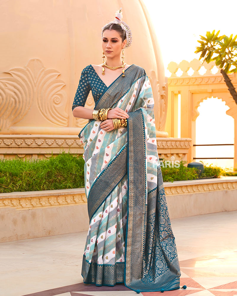 Grey Printed Silk Saree with Unstitched Blouse 01