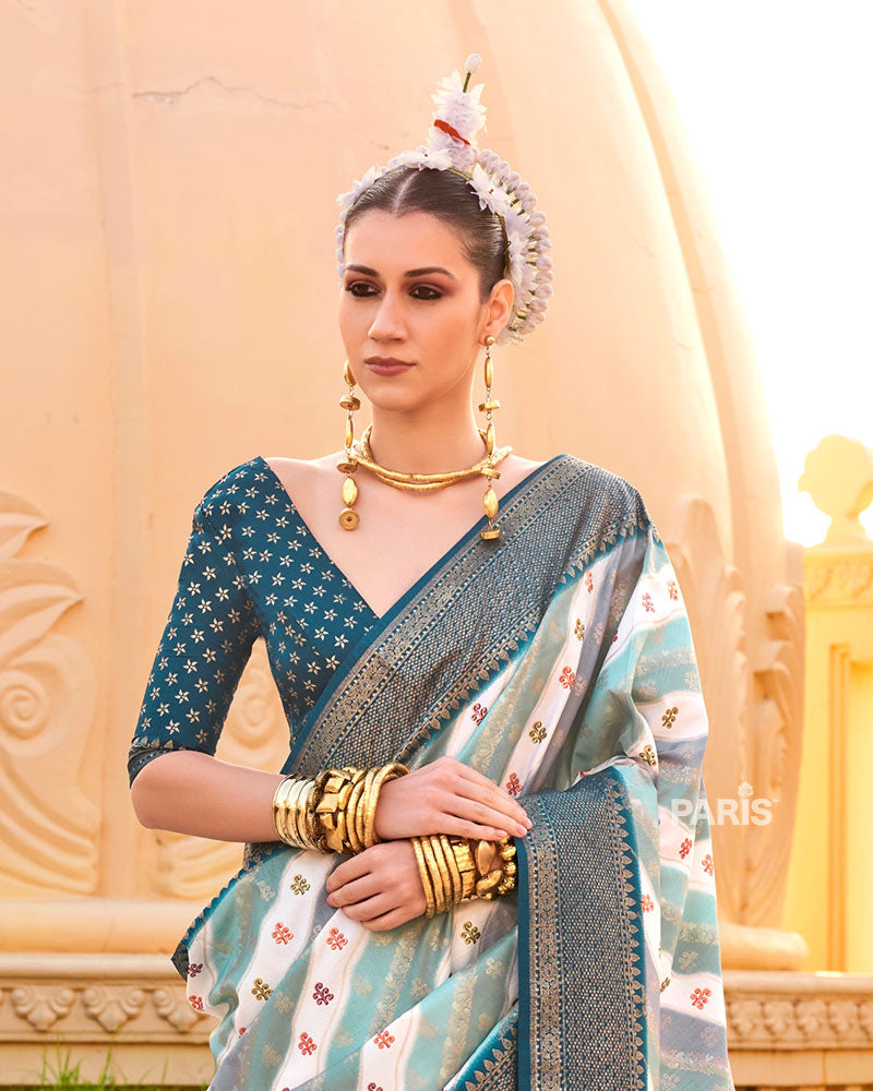 Grey Printed Silk Saree with Unstitched Blouse 02