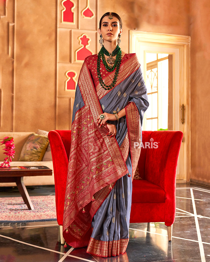 Grey and Red Foil Printed Patola Saree with Unstitched Blouse 01