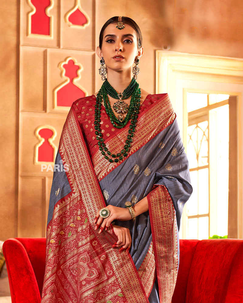 Grey and Red Foil Printed Patola Saree with Unstitched Blouse 02