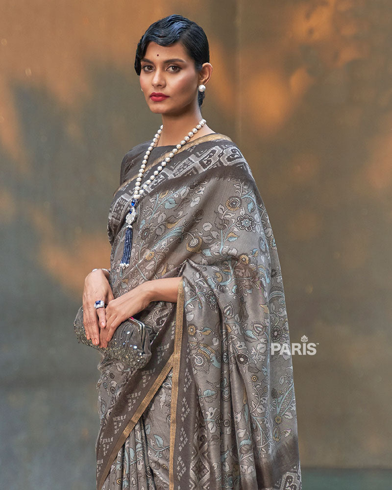 Grey and Taupe Floral Printed Cotton Saree with Unstitched Blouse 02