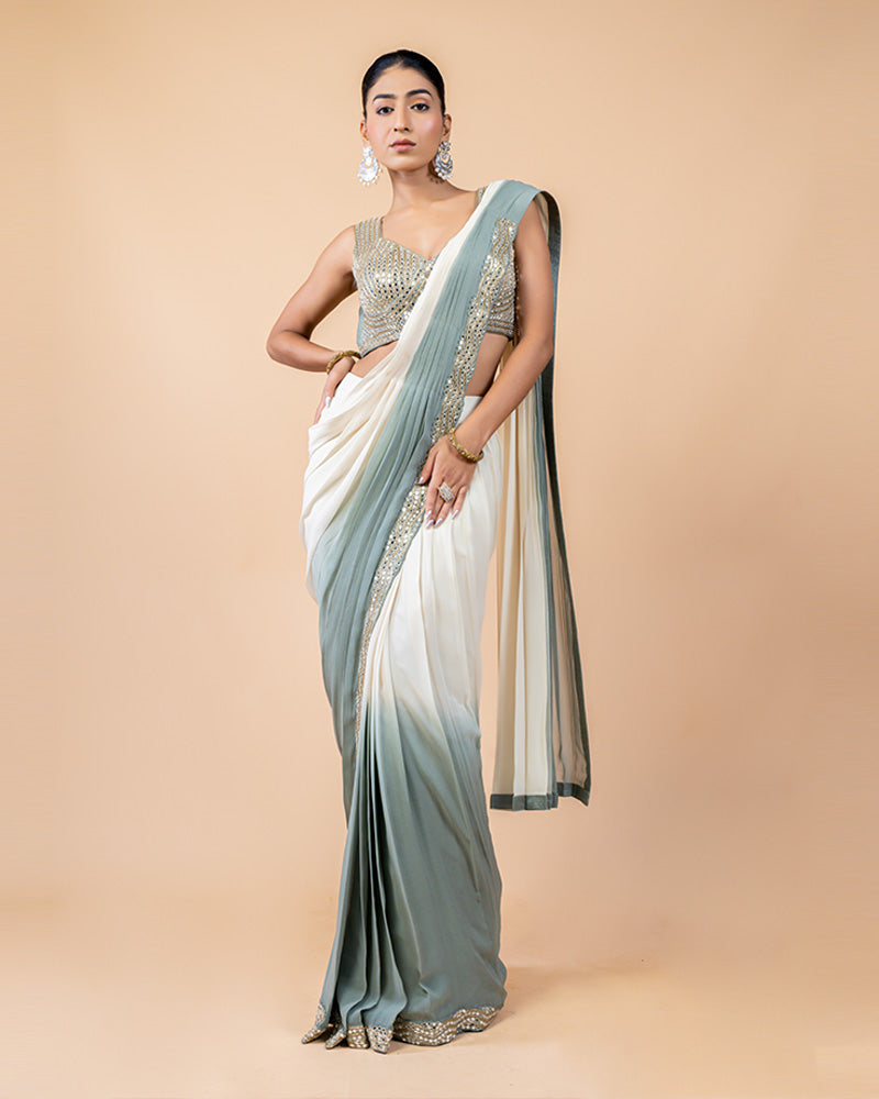 Grey and White Ready to wear Saree with Golden Zari and Mirror work Blouse