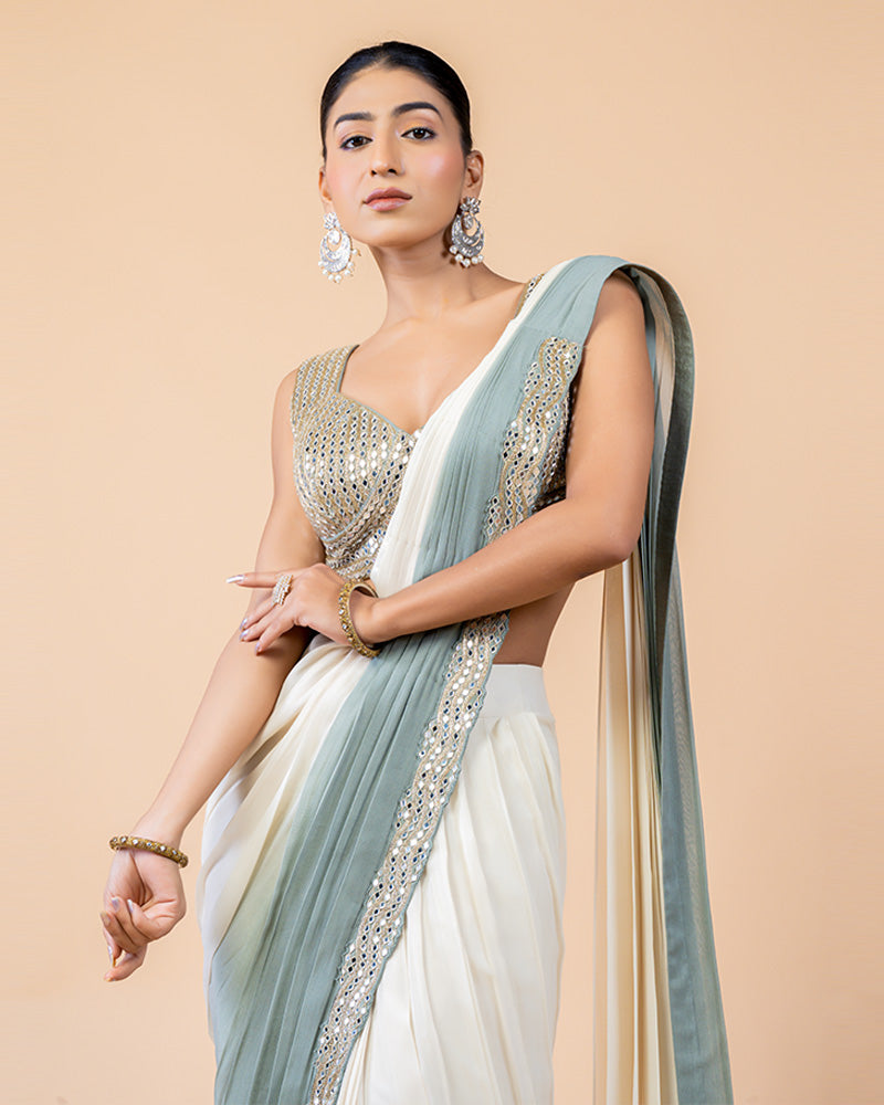 Grey and White Ready to wear Saree with Golden Zari and Mirror work Blouse