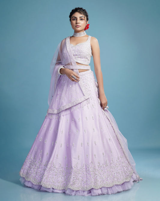Lilac Shade Bridesmaid Layered Lehenga Choli in Crepe Silk