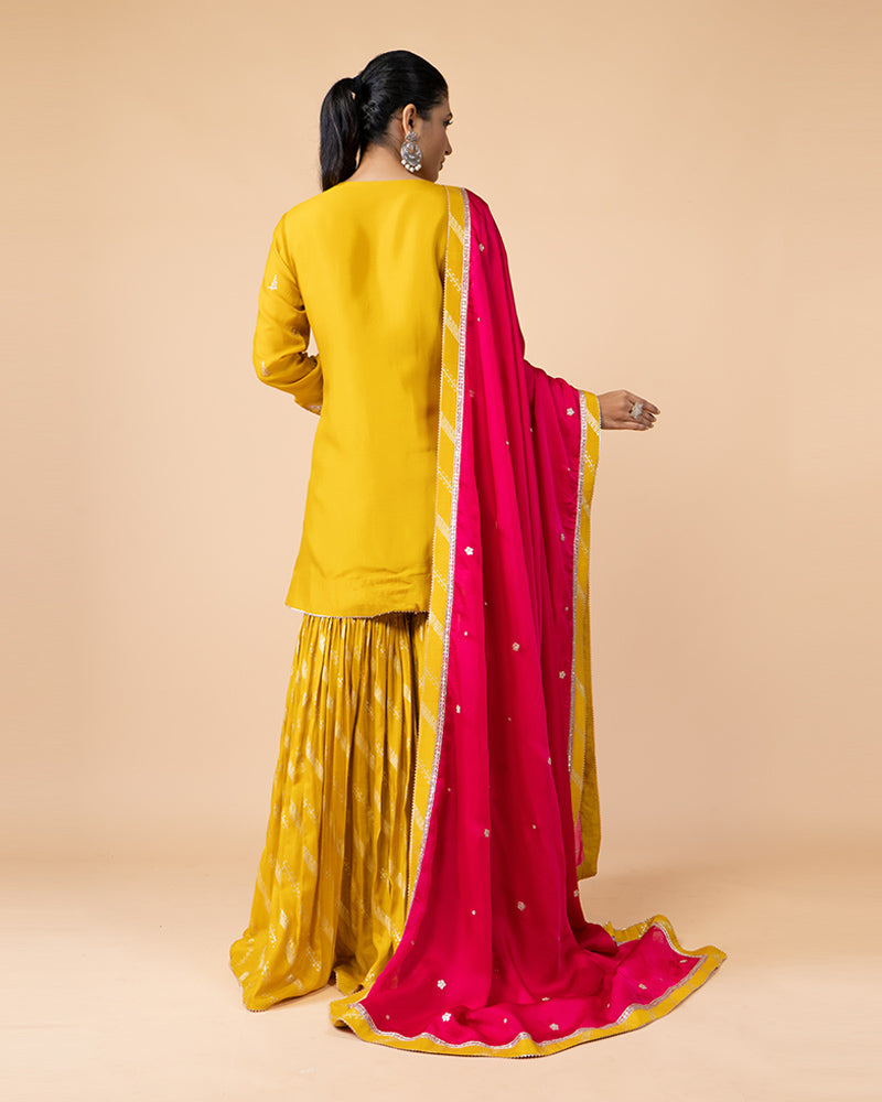 Haldi Yellow Sharara with Plum Top and Contrast Pink Dupatta