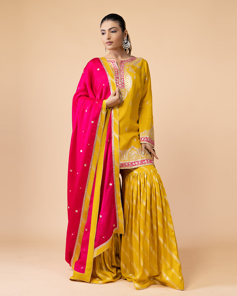 Haldi Yellow Sharara with Plum Top and Contrast Pink Dupatta