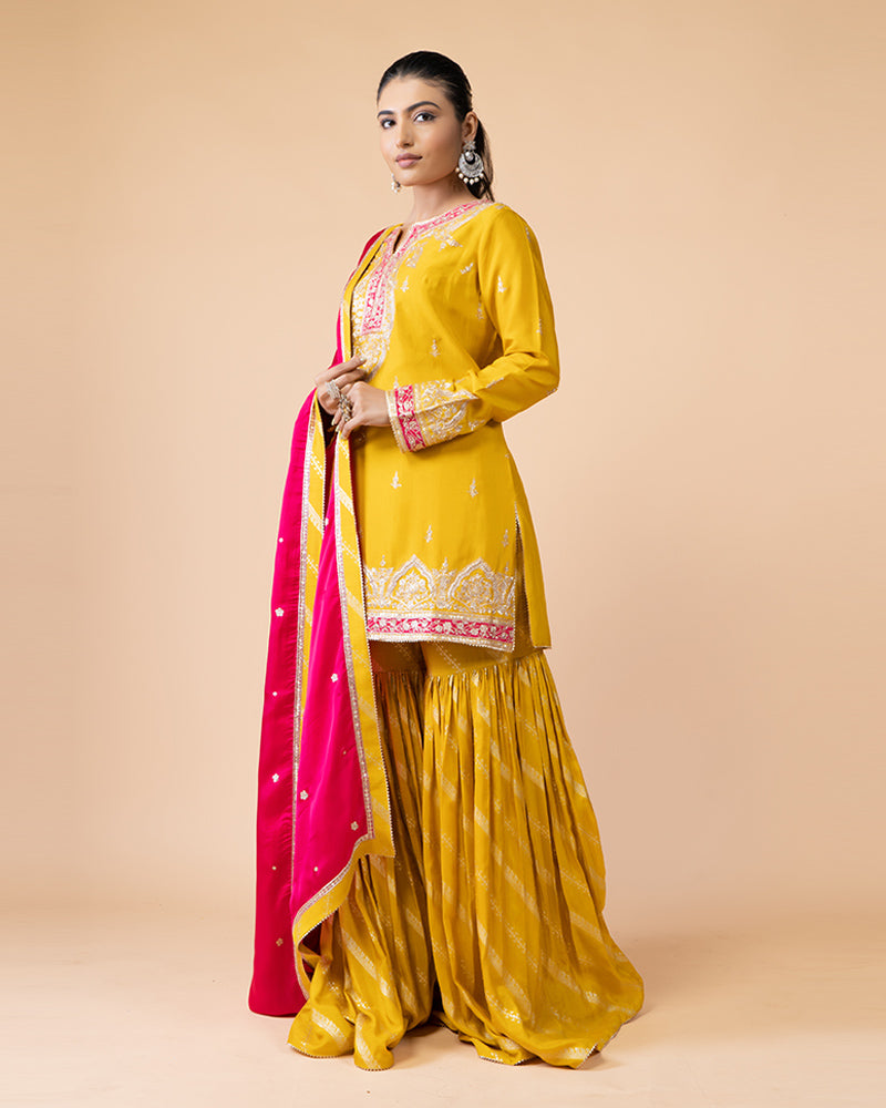 Haldi Yellow Sharara with Plum Top and Contrast Pink Dupatta