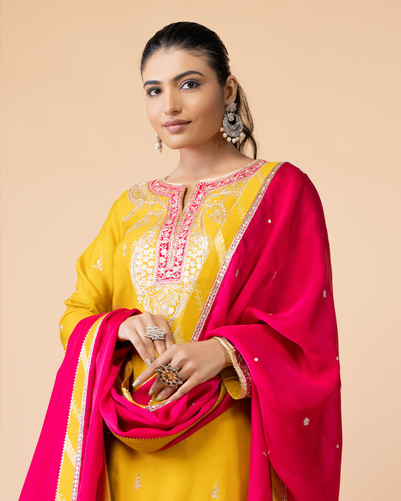 Haldi Yellow Sharara with Plum Top and Contrast Pink Dupatta