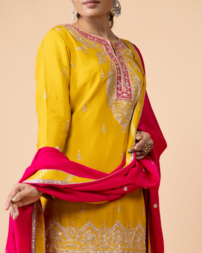 Haldi Yellow Sharara with Plum Top and Contrast Pink Dupatta