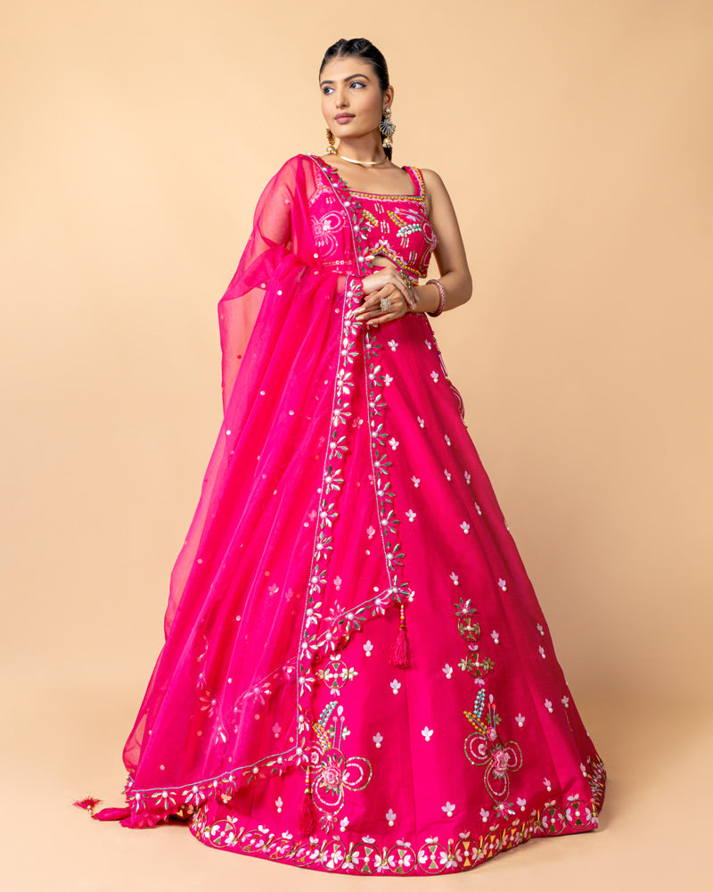 Hot Pink Designer Embroidered Lehenga Choli with Net Dupatta