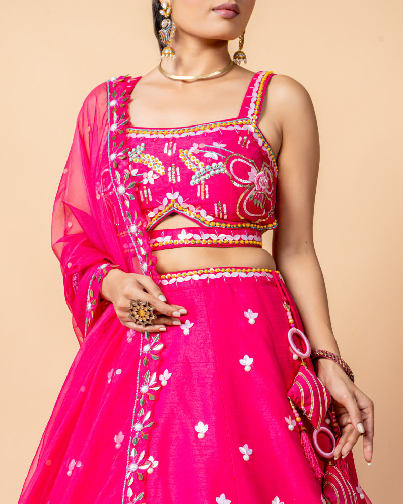 Hot Pink Designer Embroidered Lehenga Choli with Net Dupatta