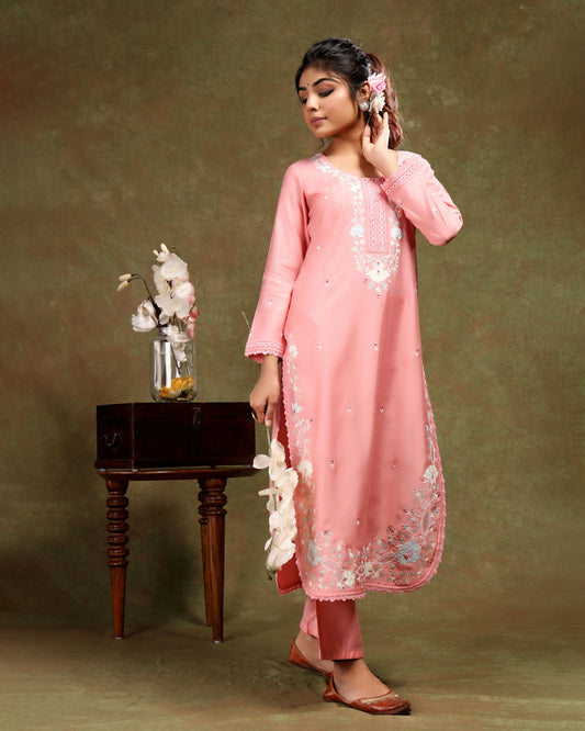 Baby Pink straight cut Salwar Kameez with Dupatta in Cotton