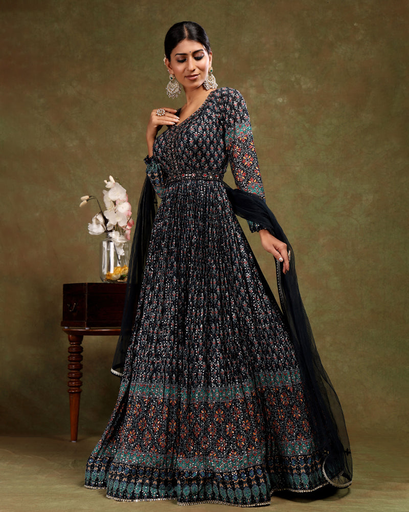 Black Floor length Anarkali Set with Dupatta in Net – AJRAMAR FASHIONS ...