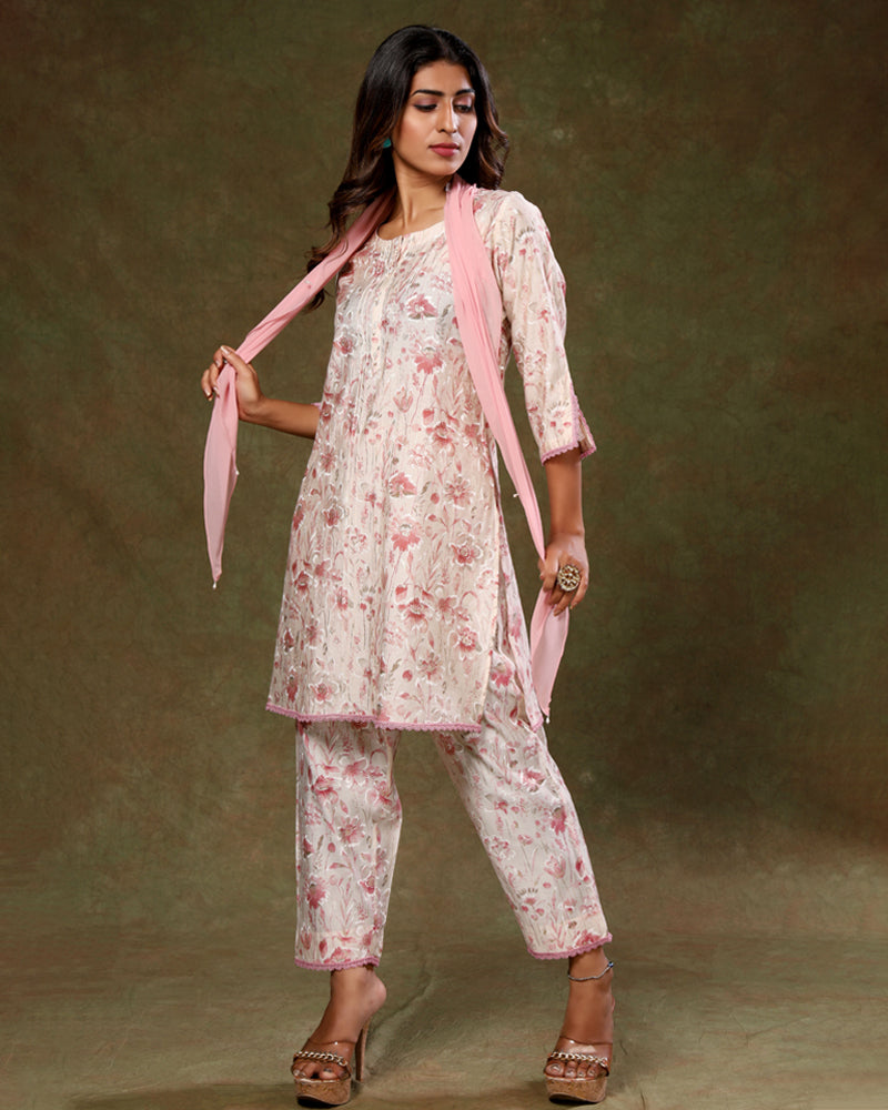 Beige Printed Kurta and Pant set in cotton with scarf