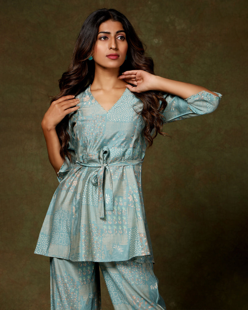 Sea Green Printed Tunic and Pant in Cotton