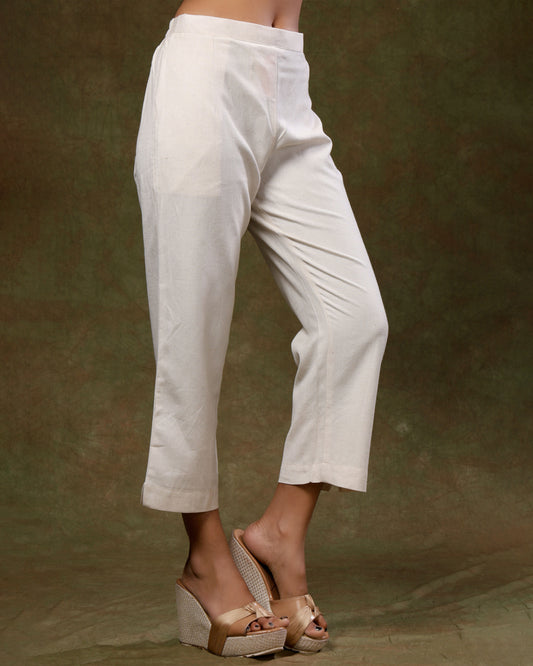 White Ankle length Casual Cotton Pant